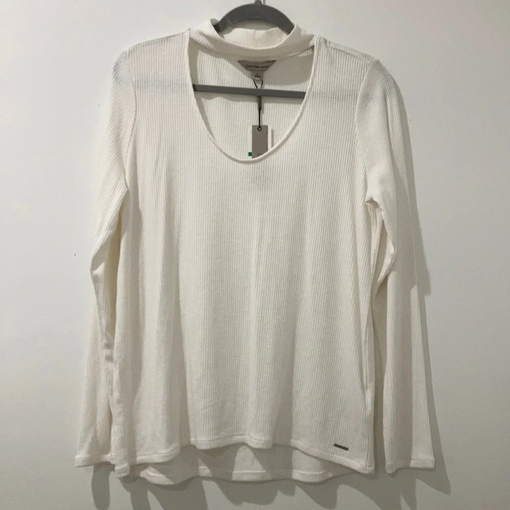 NWT Calvin Klein Jeans ribbed long sleeve tshirt with crew neck cutout - Picture 1 of 4